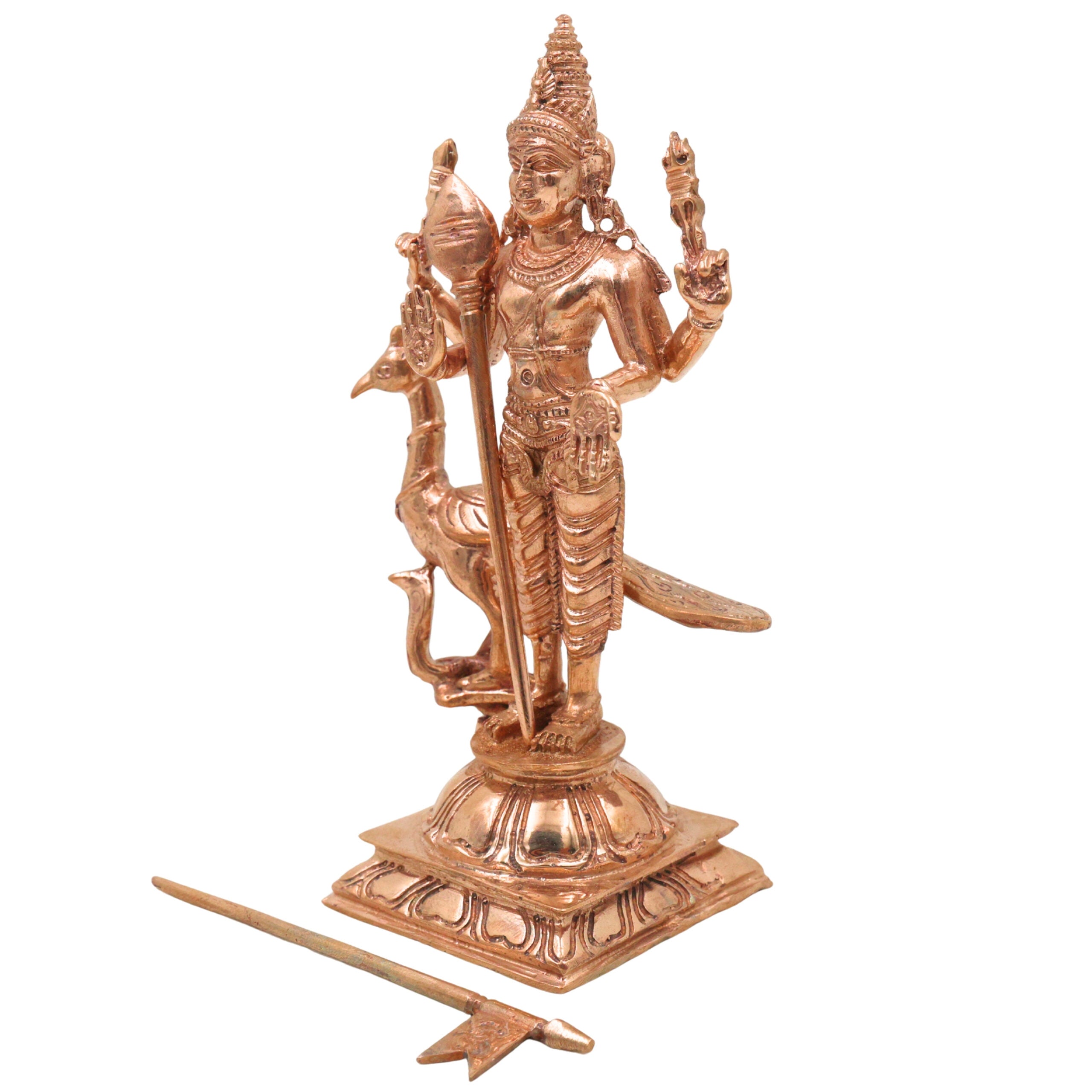 Bronze Murugan Idol, Handcrafted Kartikeya Subramanya Skanda Shanmukha Arumugam Velan Divine South Indian Chola Art Sculpture , Gold, 5 Inch, 1 Piece