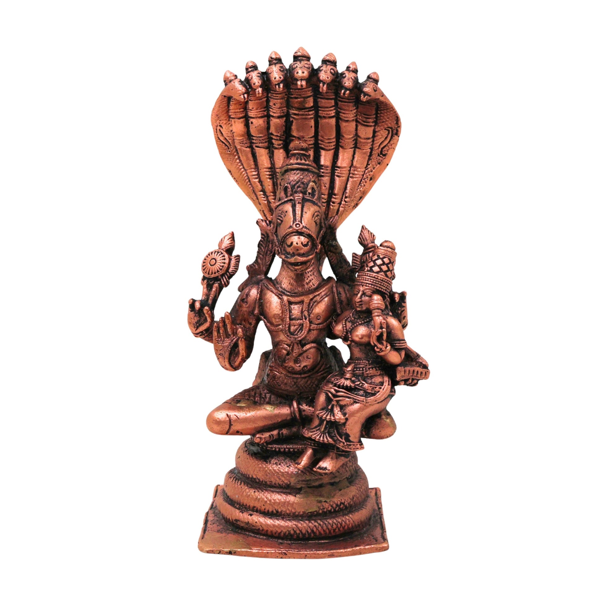 Copper Sri Hayagriva Lakshmi Idol with Nag Aura, Tamra Lakshmi Hayagreeva Swamy Murti for Pooja Mandir Decor, Brown, 6.5 Inch, 1 Piece