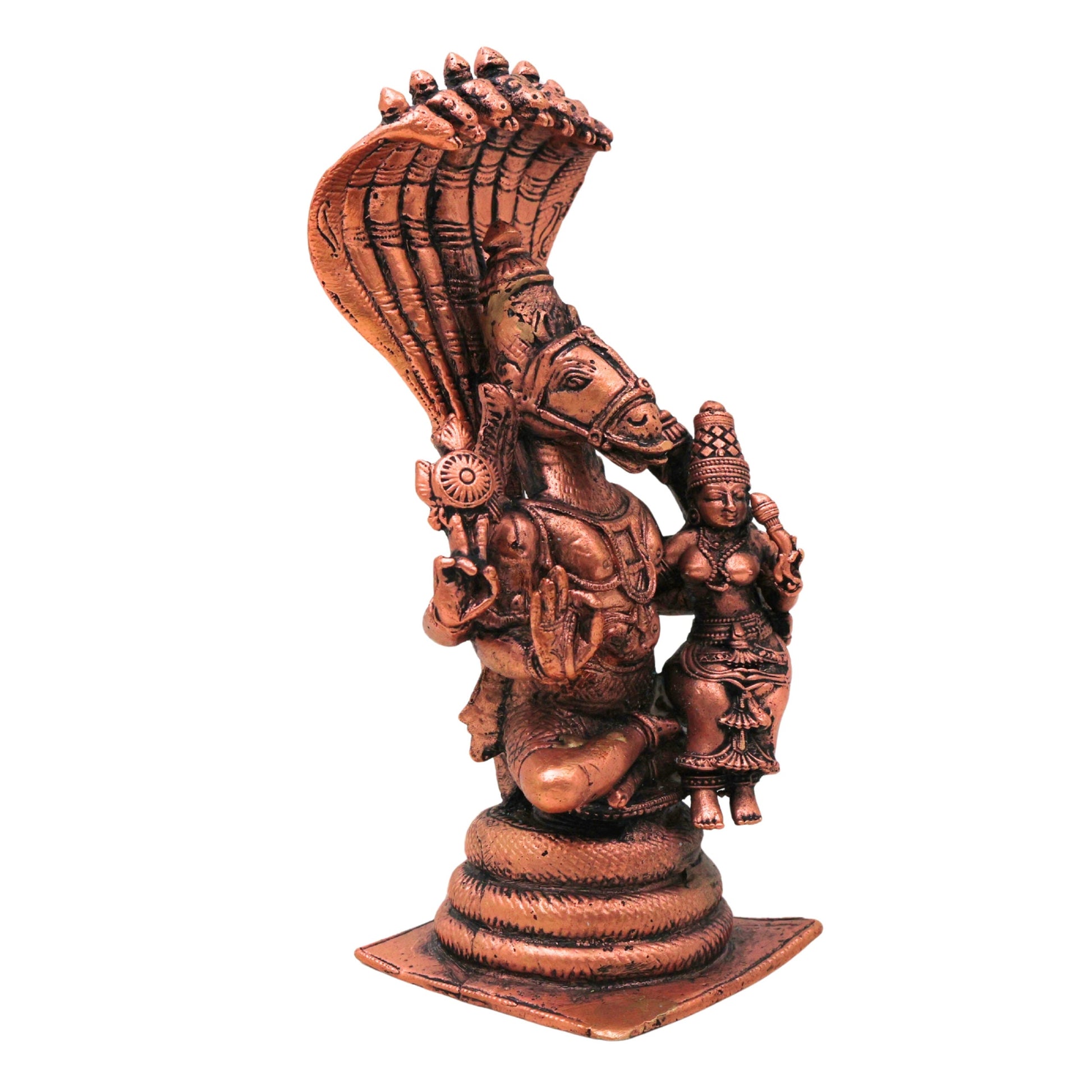 Copper Sri Hayagriva Lakshmi Idol with Nag Aura, Tamra Lakshmi Hayagreeva Swamy Murti for Pooja Mandir Decor, Brown, 6.5 Inch, 1 Piece