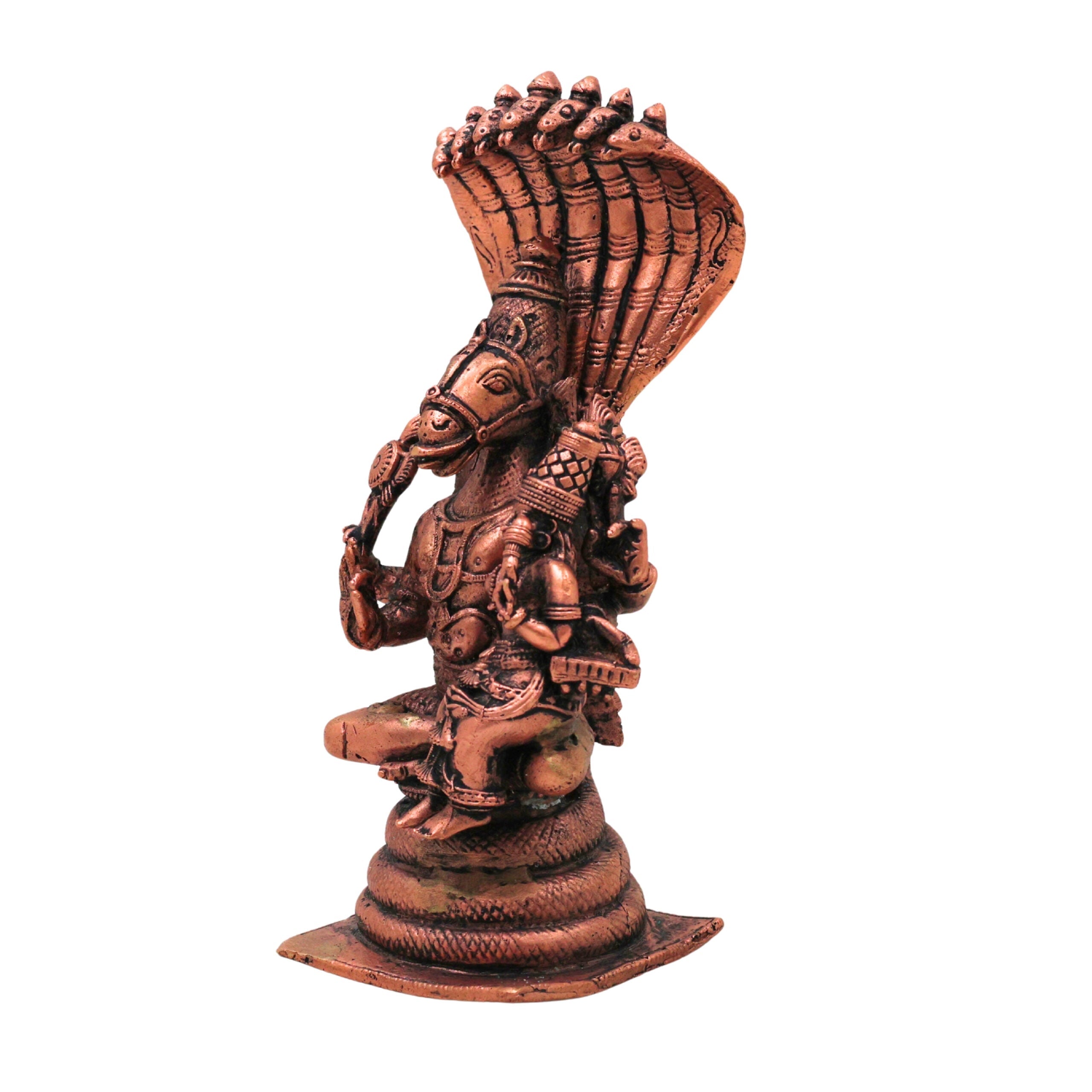 Copper Sri Hayagriva Lakshmi Idol with Nag Aura, Tamra Lakshmi Hayagreeva Swamy Murti for Pooja Mandir Decor, Brown, 6.5 Inch, 1 Piece