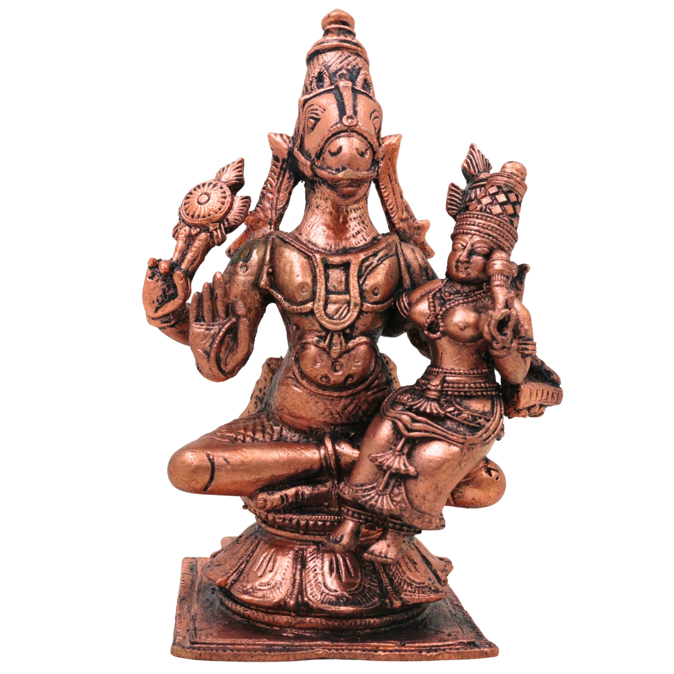 Copper Hayagriva Lakshmi Idol, Sri Lakshmi Hayagreeva Swamy Tamra Murti, Hayagriva Mahalakshmi Vigraha, Lakshmi Hayagriva Perumal Statue for Pooja Mandir Decor, Brown, 4.5 Inch, 1 Piece
