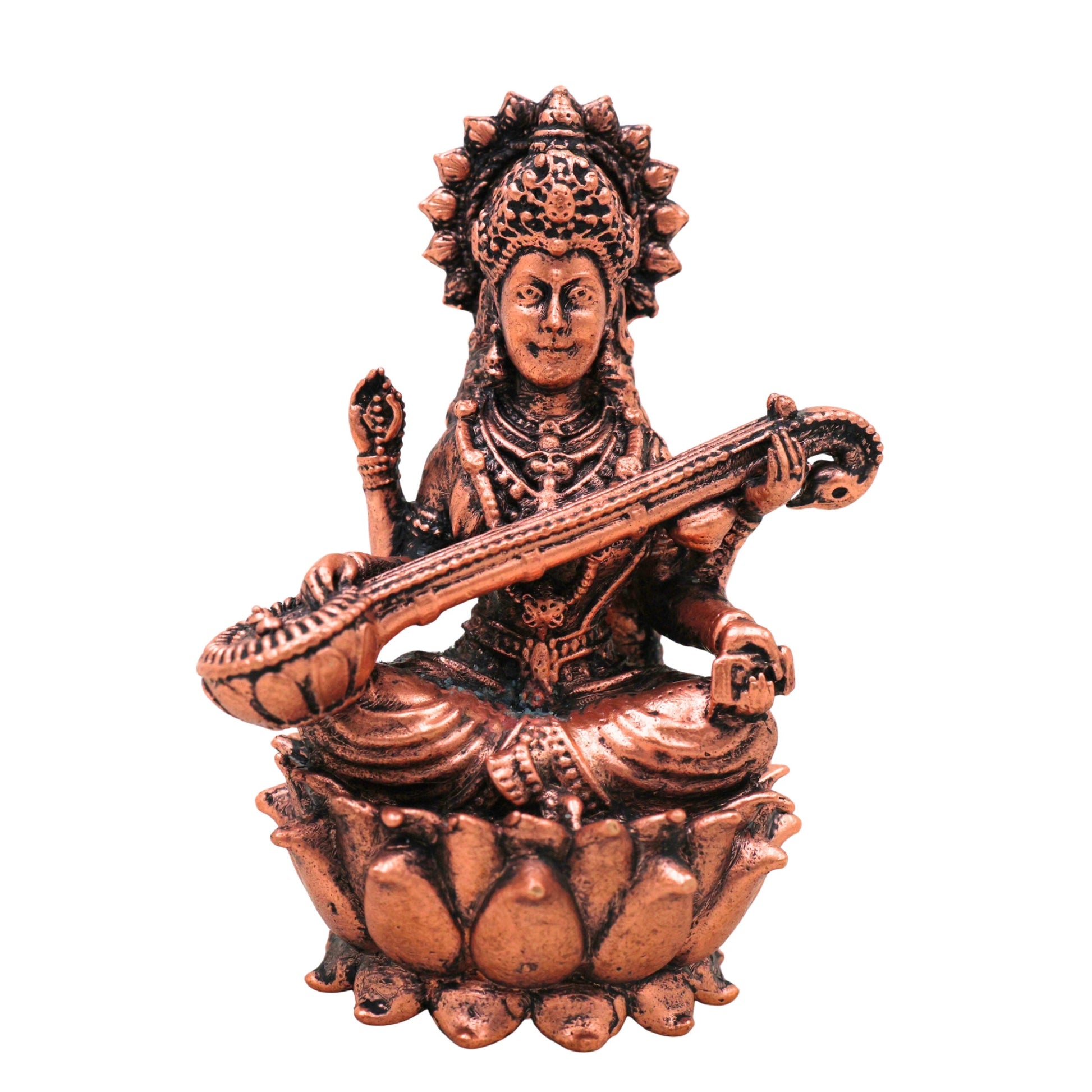 Copper Saraswati Idol, Tamra Sharada Vagdevi Veena Pani Murti, Hansavahini Vidyadayini Saraswathi Vigraham for Pooja, Home Decor & Study Table, Brown, 3 Inch, 1 Piece