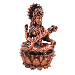 Copper Saraswati Idol, Tamra Sharada Vagdevi Veena Pani Murti, Hansavahini Vidyadayini Saraswathi Vigraham for Pooja, Home Decor & Study Table, Brown, 3 Inch, 1 Piece