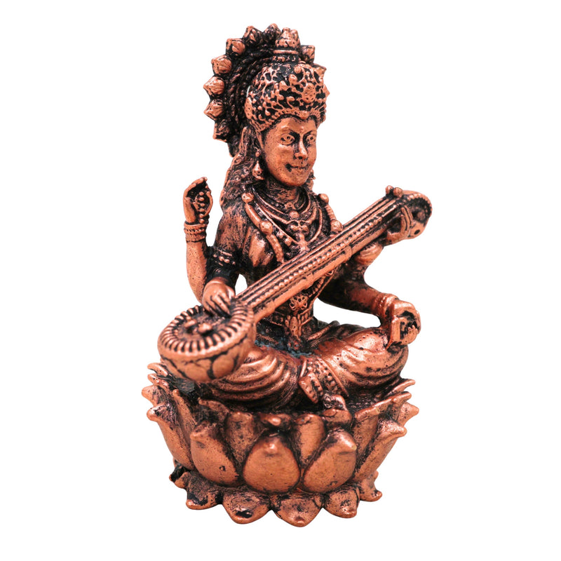 Copper Saraswati Idol, Tamra Sharada Vagdevi Veena Pani Murti, Hansavahini Vidyadayini Saraswathi Vigraham for Pooja, Home Decor & Study Table, Brown, 3 Inch, 1 Piece