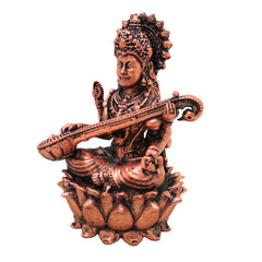 Copper Saraswati Idol, Tamra Sharada Vagdevi Veena Pani Murti, Hansavahini Vidyadayini Saraswathi Vigraham for Pooja, Home Decor & Study Table, Brown, 3 Inch, 1 Piece