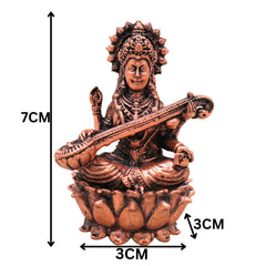 Copper Saraswati Idol, Tamra Sharada Vagdevi Veena Pani Murti, Hansavahini Vidyadayini Saraswathi Vigraham for Pooja, Home Decor & Study Table, Brown, 3 Inch, 1 Piece