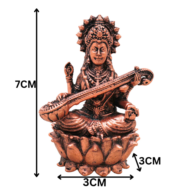 Copper Saraswati Idol, Tamra Sharada Vagdevi Veena Pani Murti, Hansavahini Vidyadayini Saraswathi Vigraham for Pooja, Home Decor & Study Table, Brown, 3 Inch, 1 Piece