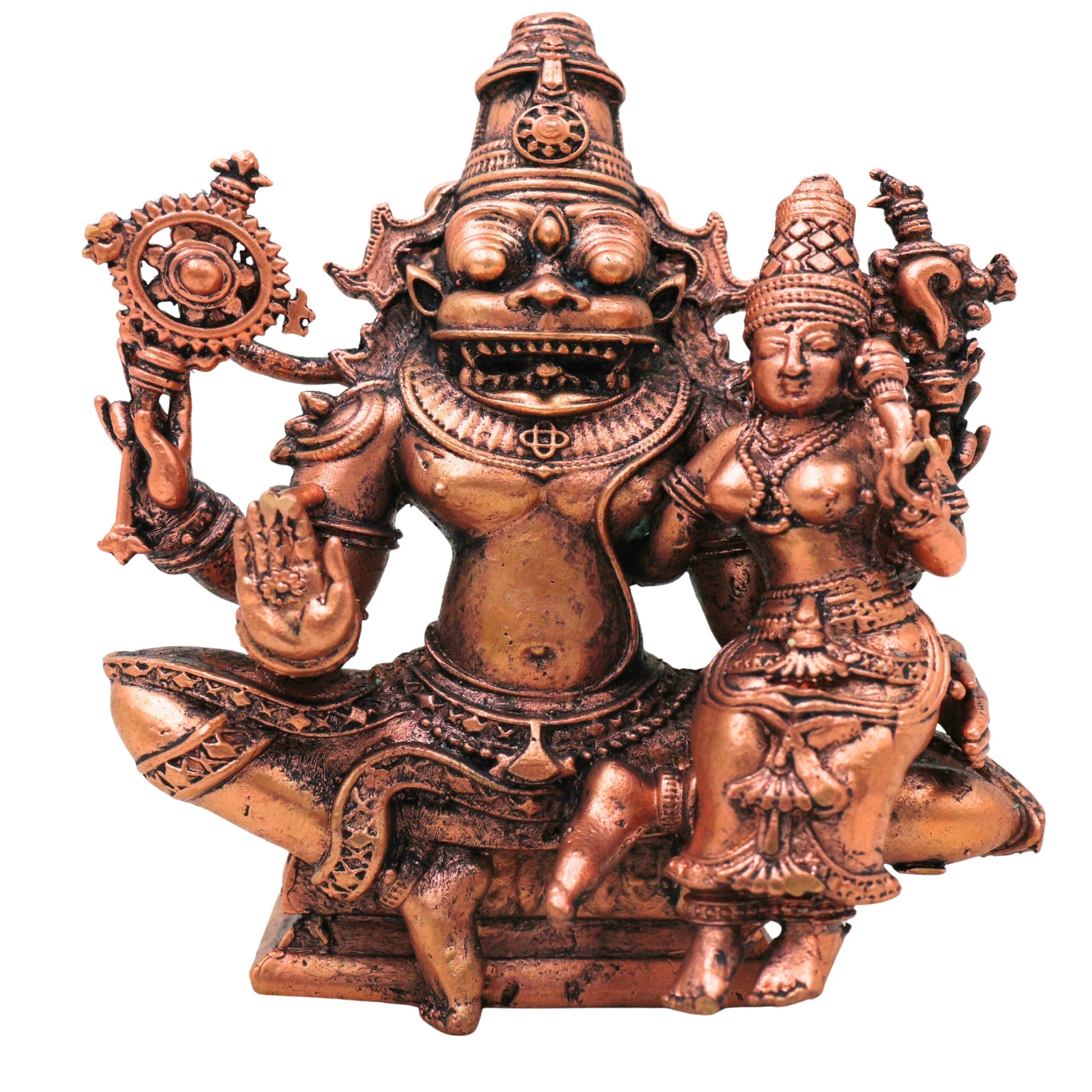 Copper Lakshmi Narasimha Idol Tamra Vigraha Sri Narasimhaswamy Murti Statue for Pooja Home Decor, Brown, 4 Inch, 1 Piece