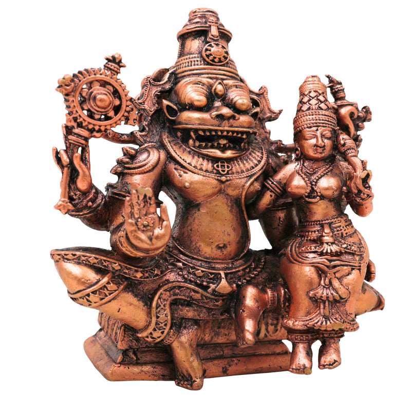 Copper Lakshmi Narasimha Idol Tamra Vigraha Sri Narasimhaswamy Murti Statue for Pooja Home Decor, Brown, 4 Inch, 1 Piece