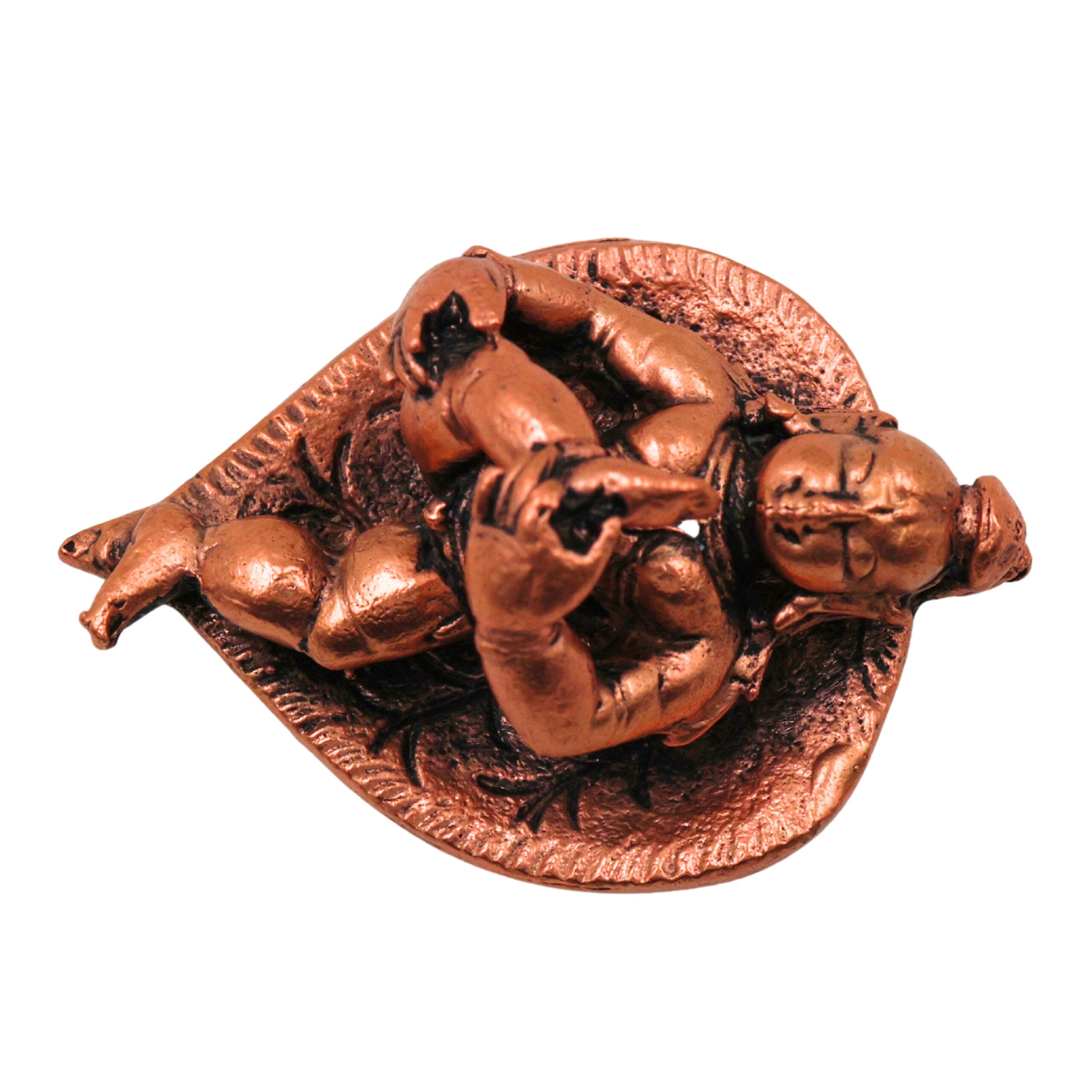Copper Bala Krishna Idol on Leaf,Laddu Gopal Tamra Bal Gopal Balkrishna Murti Natkhat Kanhaiya Nandlal Navneet Makhan Chor Child Krishna Vigraha for Home Pooja Temple Decor, Brown, 1 Inch, 1 Piece