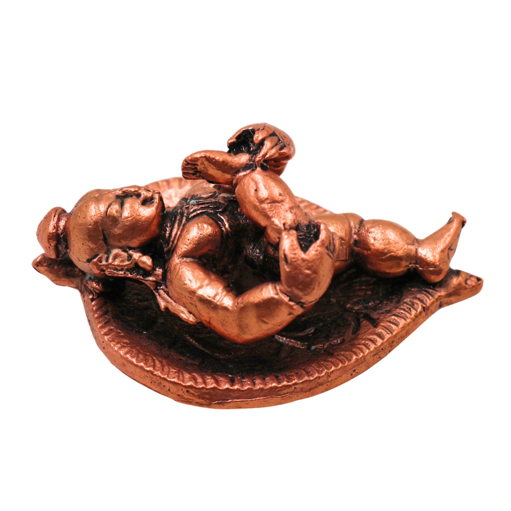 Copper Bala Krishna Idol on Leaf,Laddu Gopal Tamra Bal Gopal Balkrishna Murti Natkhat Kanhaiya Nandlal Navneet Makhan Chor Child Krishna Vigraha for Home Pooja Temple Decor, Brown, 1 Inch, 1 Piece