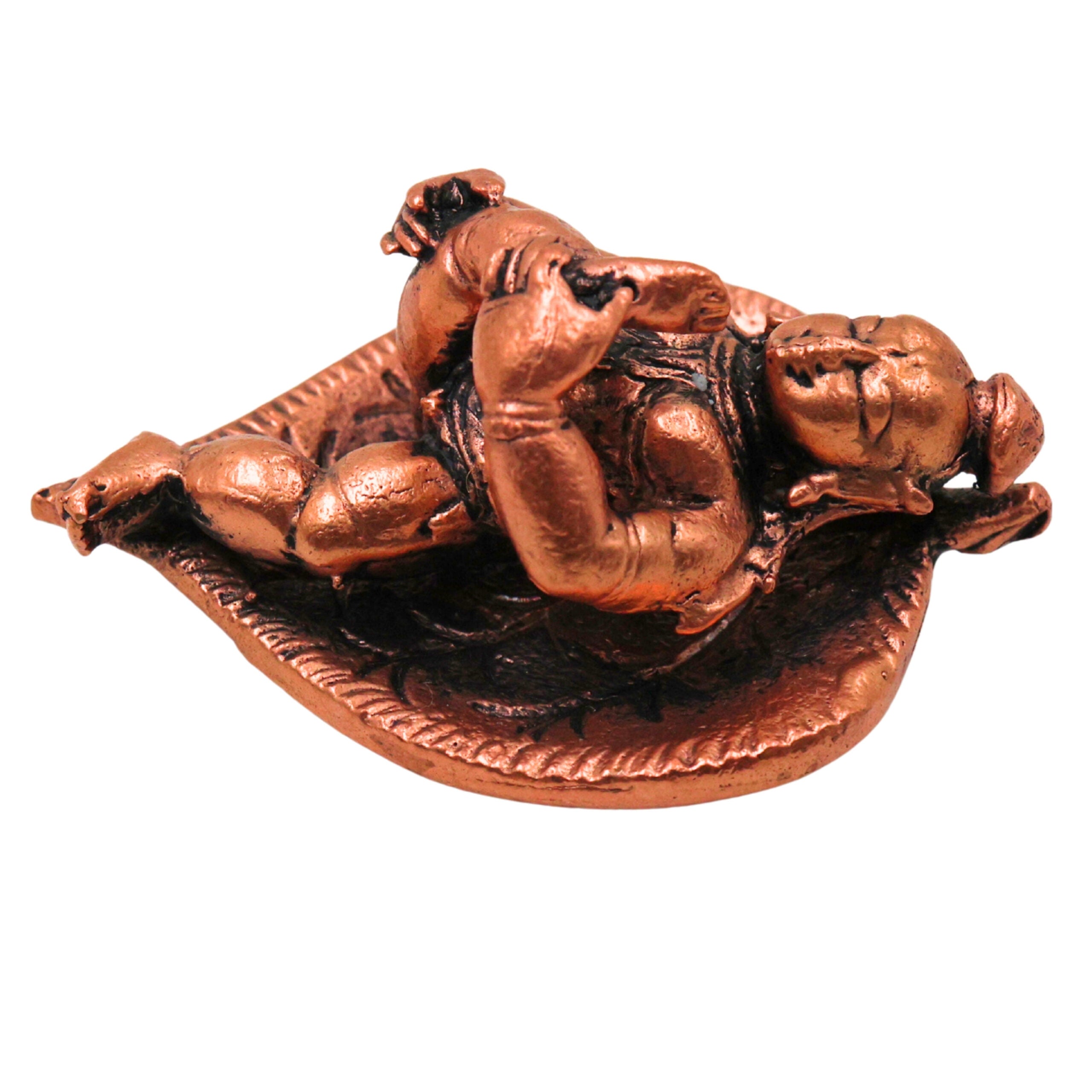 Copper Bala Krishna Idol on Leaf,Laddu Gopal Tamra Bal Gopal Balkrishna Murti Natkhat Kanhaiya Nandlal Navneet Makhan Chor Child Krishna Vigraha for Home Pooja Temple Decor, Brown, 1 Inch, 1 Piece