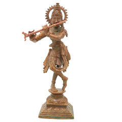 Bronze Shri Krishna Idol, Venugopala Govinda Gopala Madhava Murari Panchaloha Style Handmade South Indian Chola Art Murti for Home Temple Pooja Decor, Brown, 8 Inch, 1 Piece
