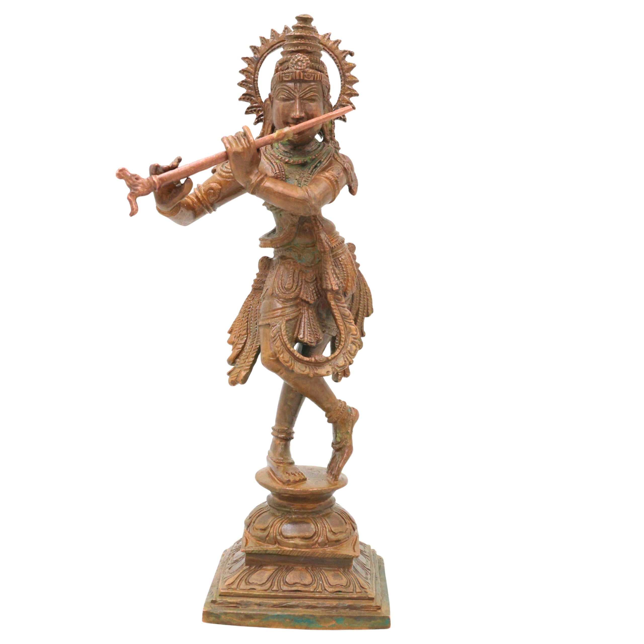 Bronze Shri Krishna Idol, Venugopala Govinda Gopala Madhava Murari Panchaloha Style Handmade South Indian Chola Art Murti for Home Temple Pooja Decor, Brown, 8 Inch, 1 Piece