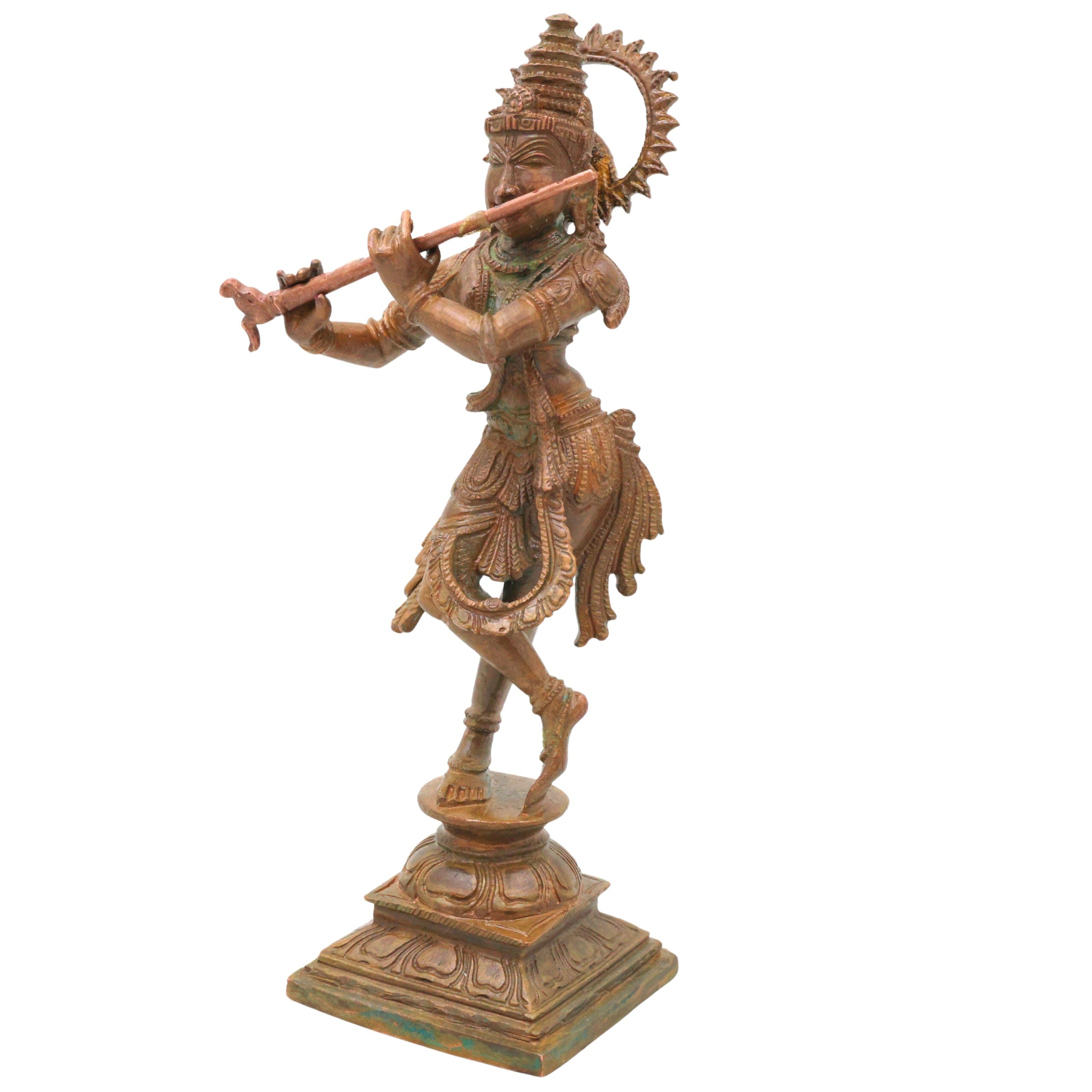 Bronze Shri Krishna Idol, Venugopala Govinda Gopala Madhava Murari Panchaloha Style Handmade South Indian Chola Art Murti for Home Temple Pooja Decor, Brown, 8 Inch, 1 Piece