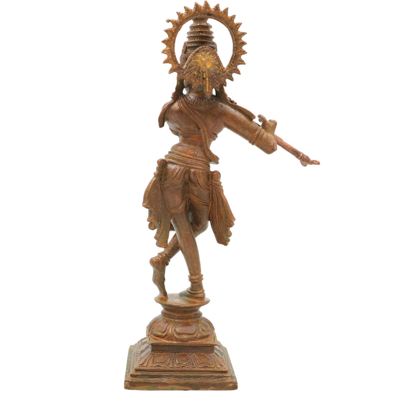 Bronze Shri Krishna Idol, Venugopala Govinda Gopala Madhava Murari Panchaloha Style Handmade South Indian Chola Art Murti for Home Temple Pooja Decor, Brown, 8 Inch, 1 Piece