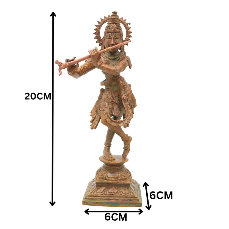 Bronze Shri Krishna Idol, Venugopala Govinda Gopala Madhava Murari Panchaloha Style Handmade South Indian Chola Art Murti for Home Temple Pooja Decor, Brown, 8 Inch, 1 Piece