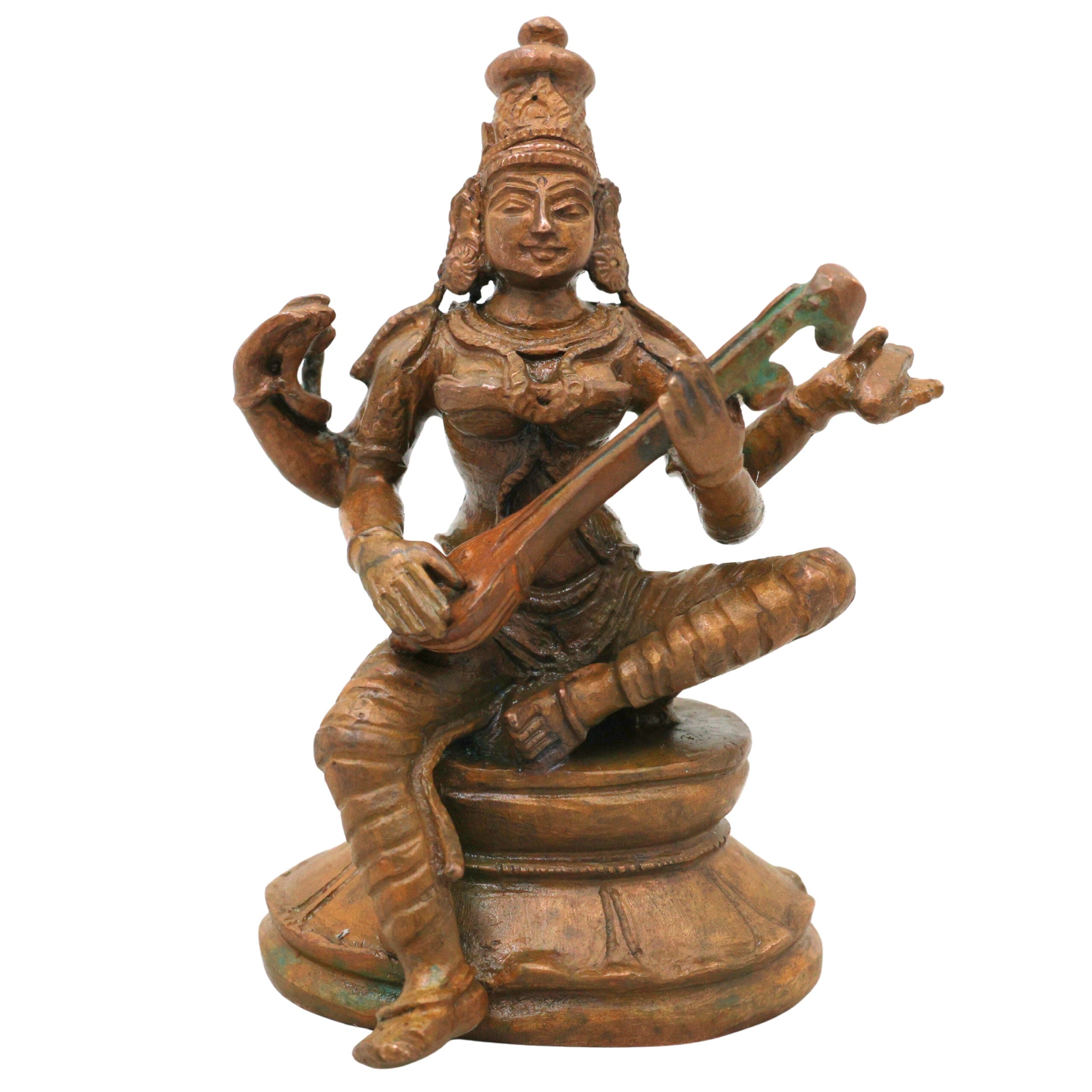 Bronze Saraswati Idol Sharada Devi Vagdevi Bharati Kalaimagal Murti for Pooja Mandir Home Decor, Brown, 3.5 Inch, 1 Piece