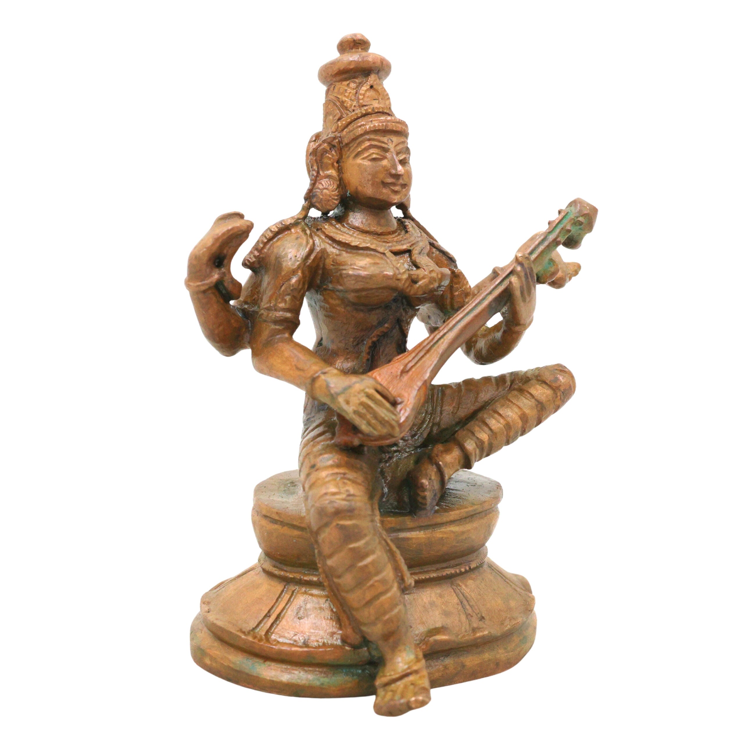 Bronze Saraswati Idol Sharada Devi Vagdevi Bharati Kalaimagal Murti for Pooja Mandir Home Decor, Brown, 3.5 Inch, 1 Piece