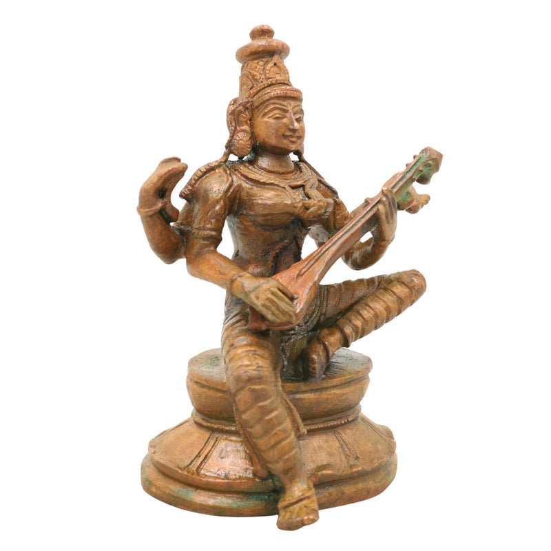 Bronze Saraswati Idol Sharada Devi Vagdevi Bharati Kalaimagal Murti for Pooja Mandir Home Decor, Brown, 3.5 Inch, 1 Piece