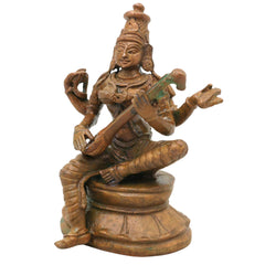 Bronze Saraswati Idol Sharada Devi Vagdevi Bharati Kalaimagal Murti for Pooja Mandir Home Decor, Brown, 3.5 Inch, 1 Piece