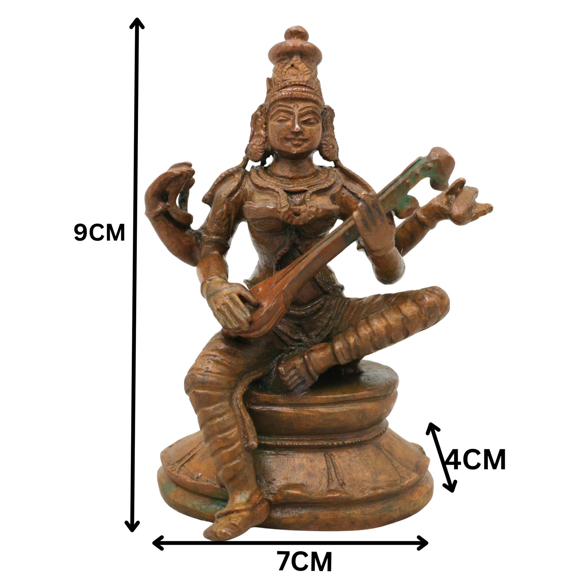 Bronze Saraswati Idol Sharada Devi Vagdevi Bharati Kalaimagal Murti for Pooja Mandir Home Decor, Brown, 3.5 Inch, 1 Piece