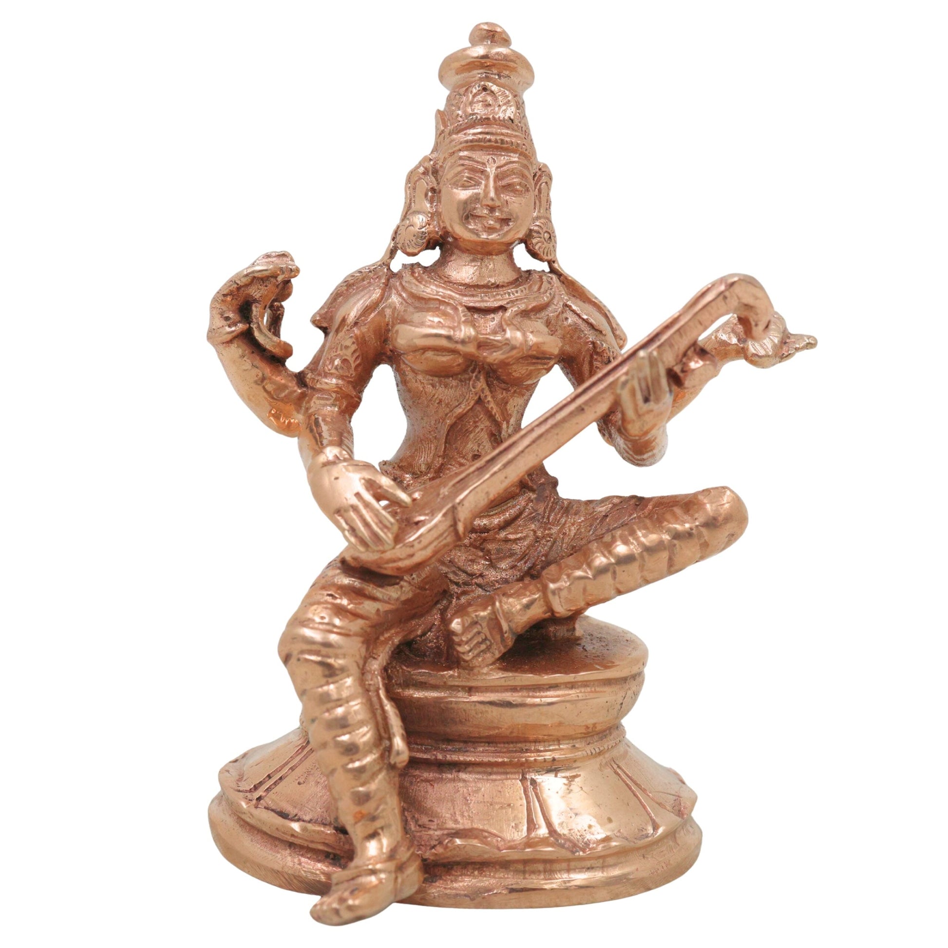 Bronze Saraswati Idol Veena Vadini Sharada Vagdevi Murti Panchaloha Style Statue for Home Temple Decor, Gold, 3.5 Inch, 1 Piece