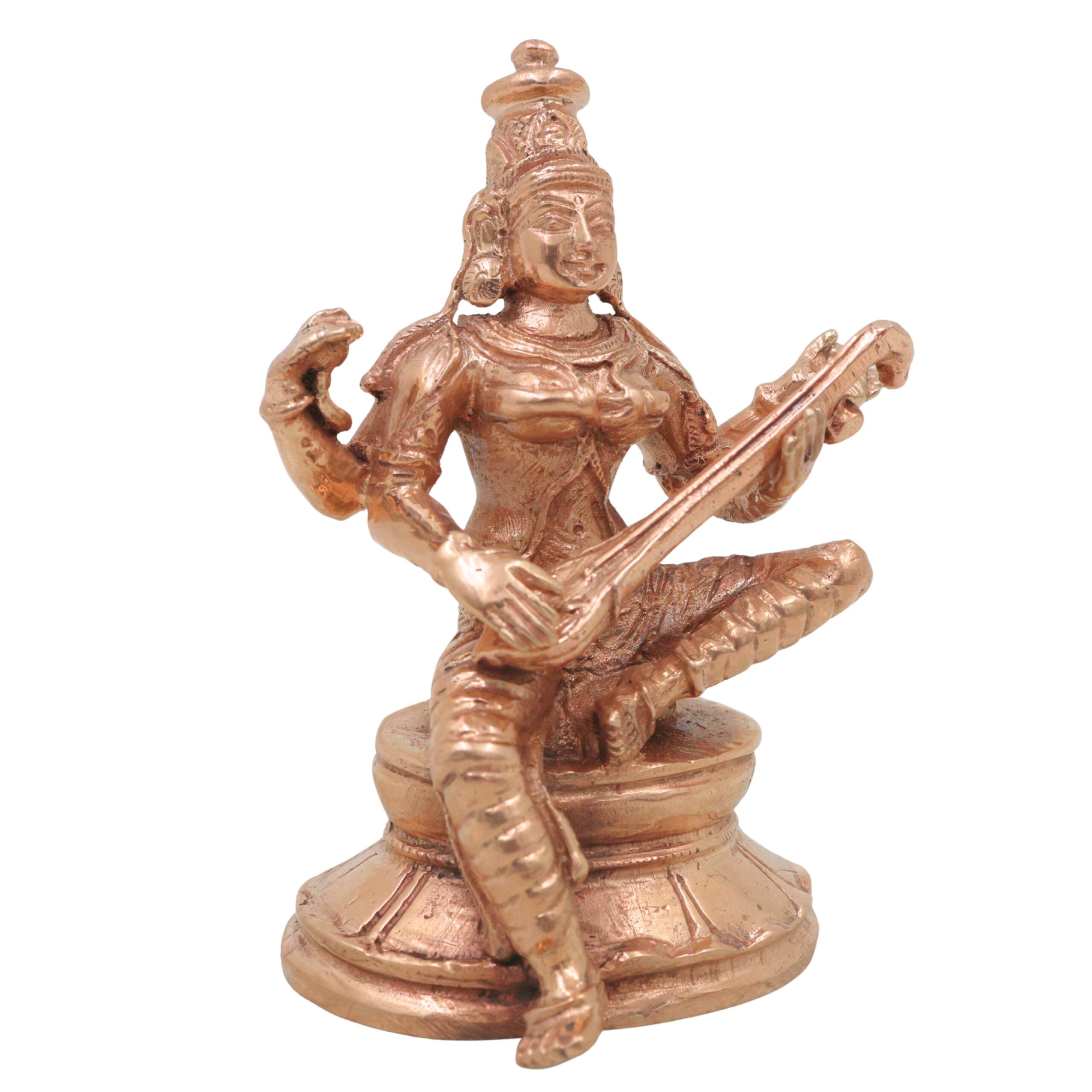 Bronze Saraswati Idol Veena Vadini Sharada Vagdevi Murti Panchaloha Style Statue for Home Temple Decor, Gold, 3.5 Inch, 1 Piece