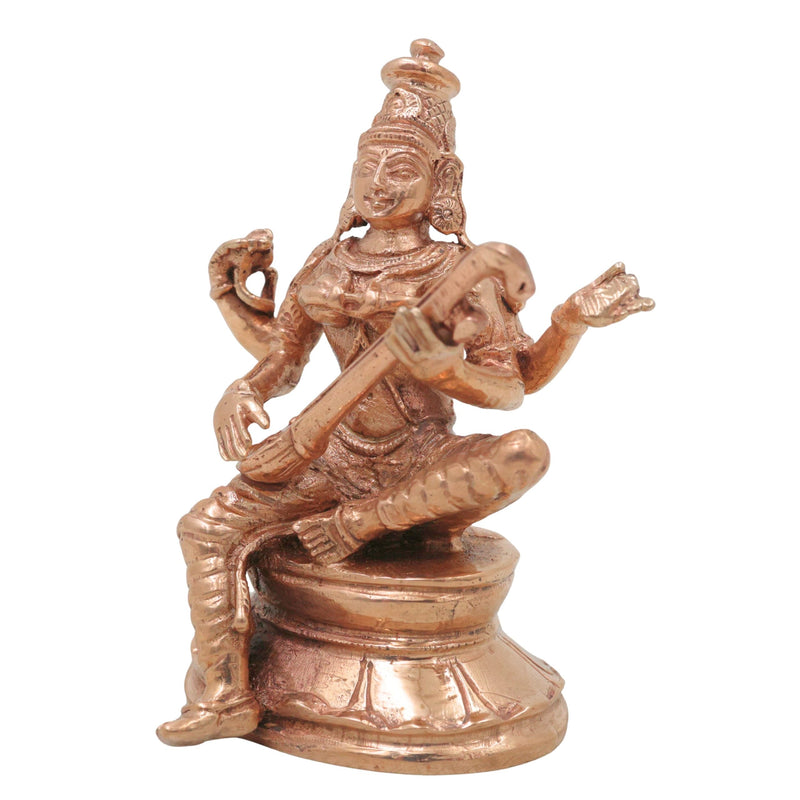 Bronze Saraswati Idol Veena Vadini Sharada Vagdevi Murti Panchaloha Style Statue for Home Temple Decor, Gold, 3.5 Inch, 1 Piece