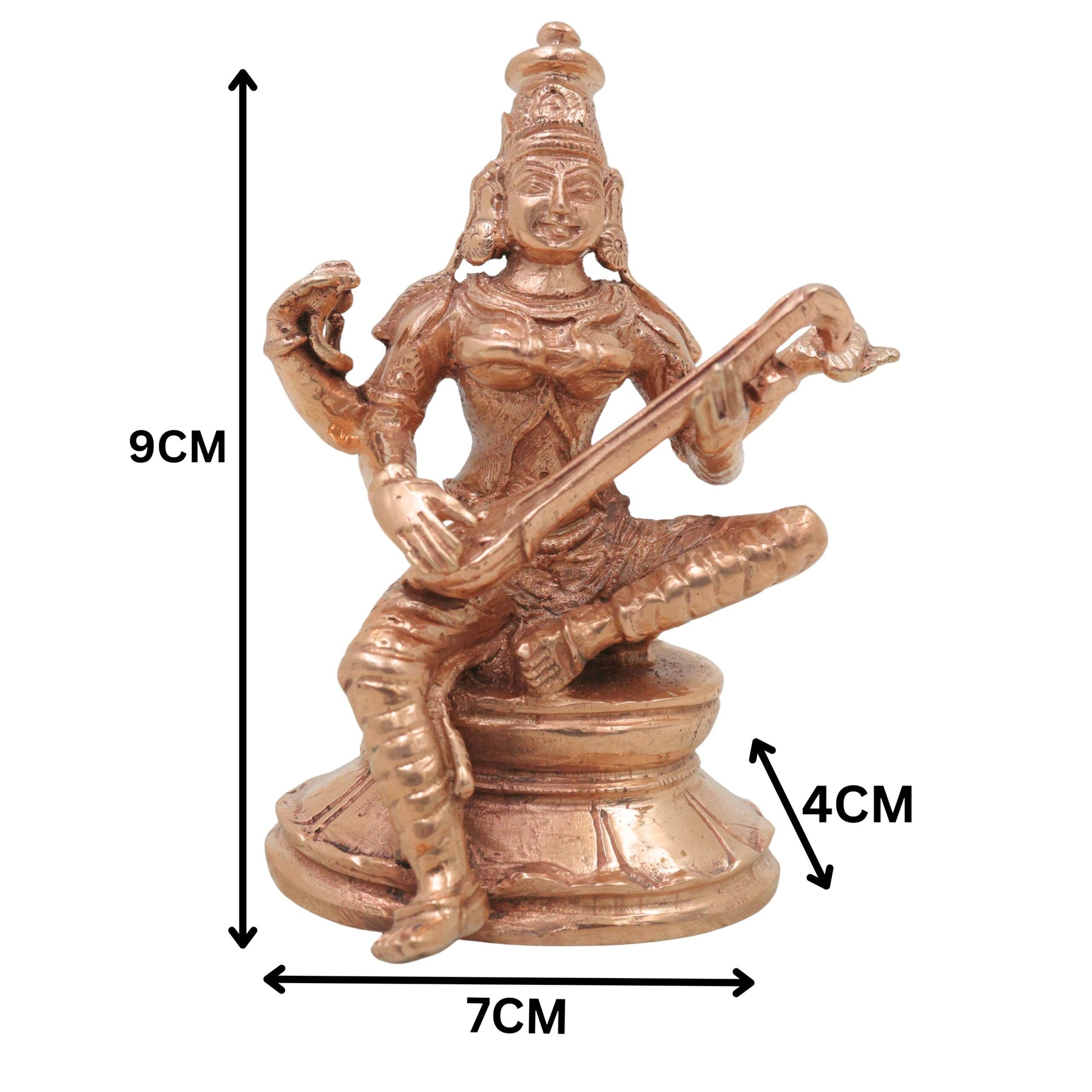 Bronze Saraswati Idol Veena Vadini Sharada Vagdevi Murti Panchaloha Style Statue for Home Temple Decor, Gold, 3.5 Inch, 1 Piece