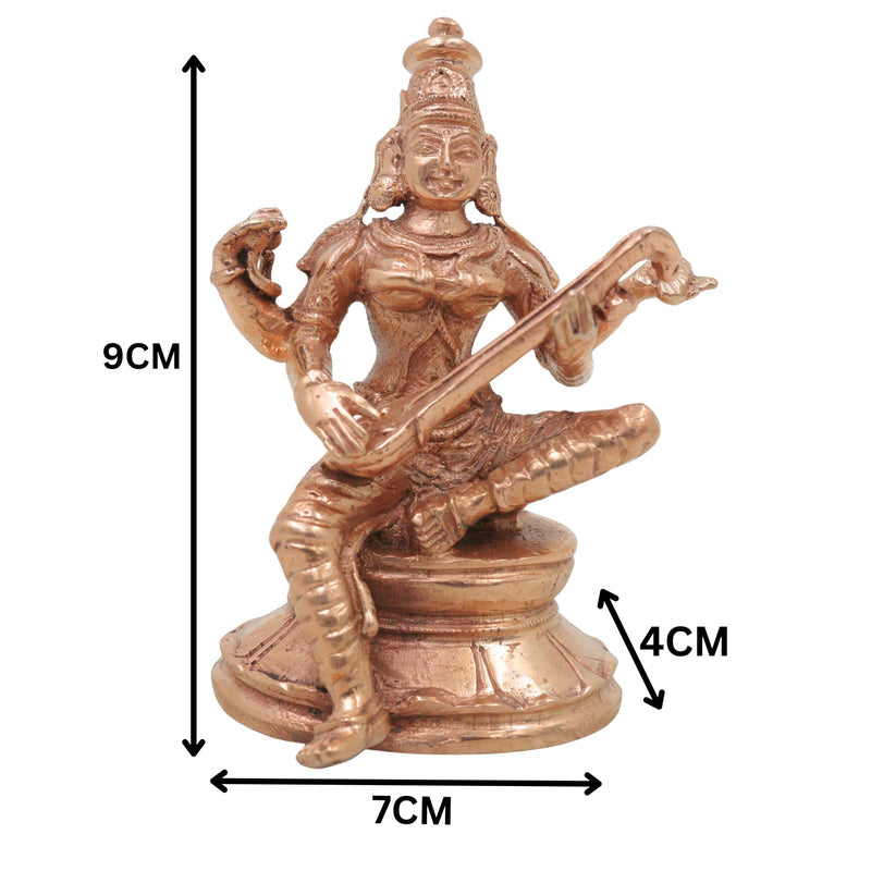 Bronze Saraswati Idol Veena Vadini Sharada Vagdevi Murti Panchaloha Style Statue for Home Temple Decor, Gold, 3.5 Inch, 1 Piece