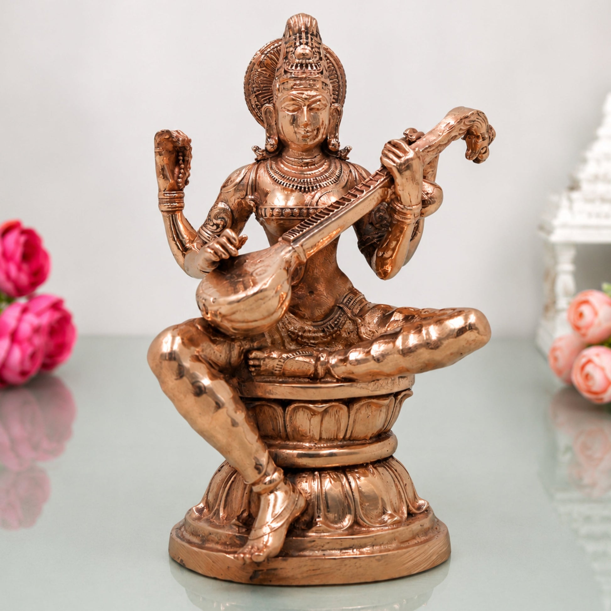 Bronze Saraswati Idol, Sharada Vani Mahasaraswati Murti for Pooja, Home Decor & Gifting, Gold, 4.5 Inch, 1 Piece