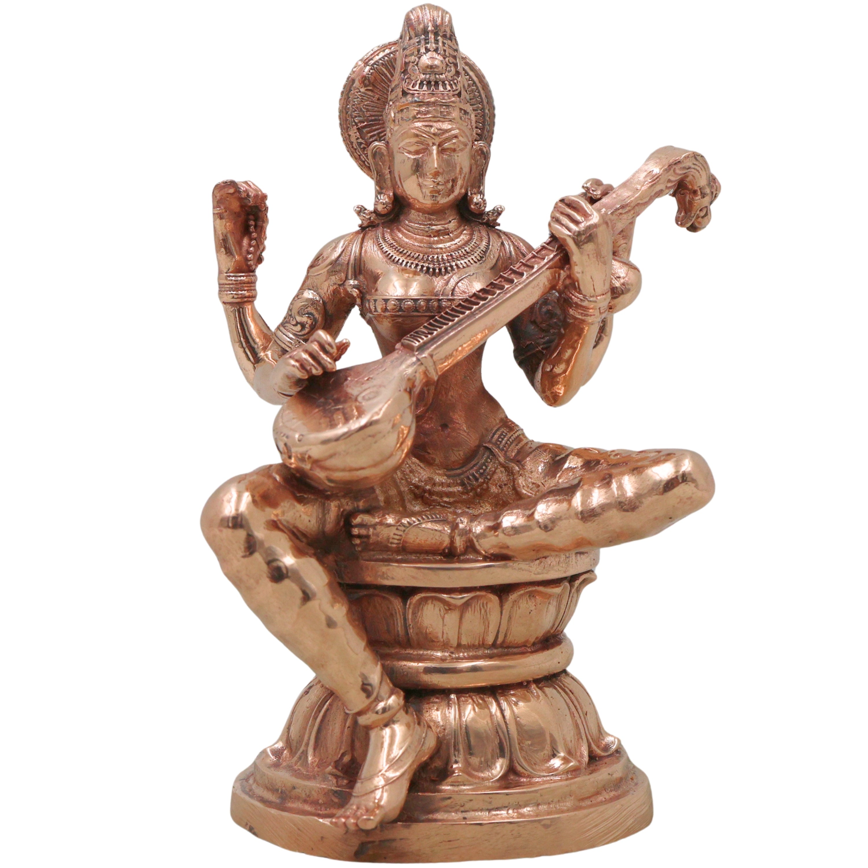 Bronze Saraswati Idol, Sharada Vani Mahasaraswati Murti for Pooja, Home Decor & Gifting, Gold, 4.5 Inch, 1 Piece