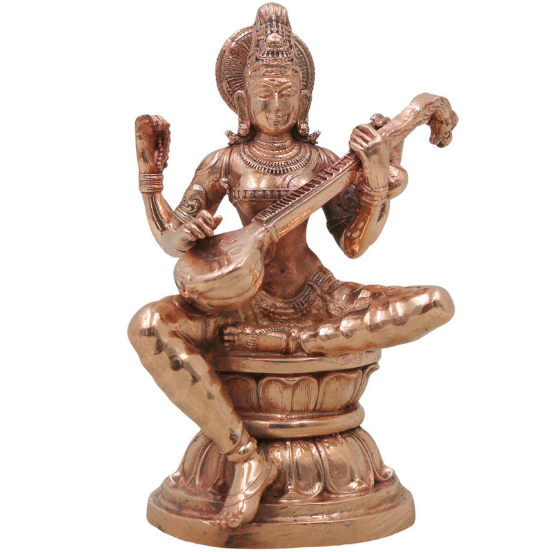 Bronze Saraswati Idol, Sharada Vani Mahasaraswati Murti for Pooja, Home Decor & Gifting, Gold, 4.5 Inch, 1 Piece