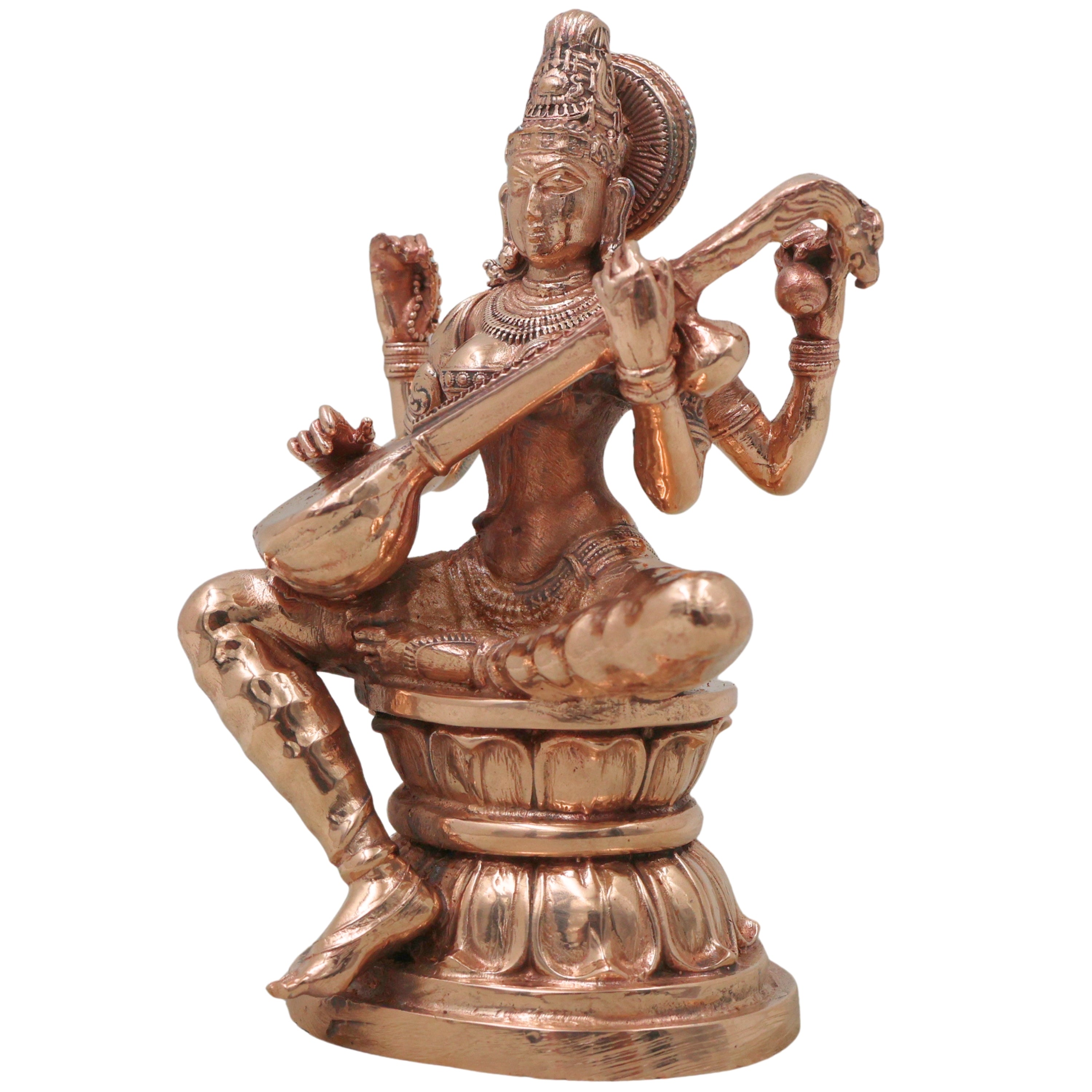 Bronze Saraswati Idol, Sharada Vani Mahasaraswati Murti for Pooja, Home Decor & Gifting, Gold, 4.5 Inch, 1 Piece