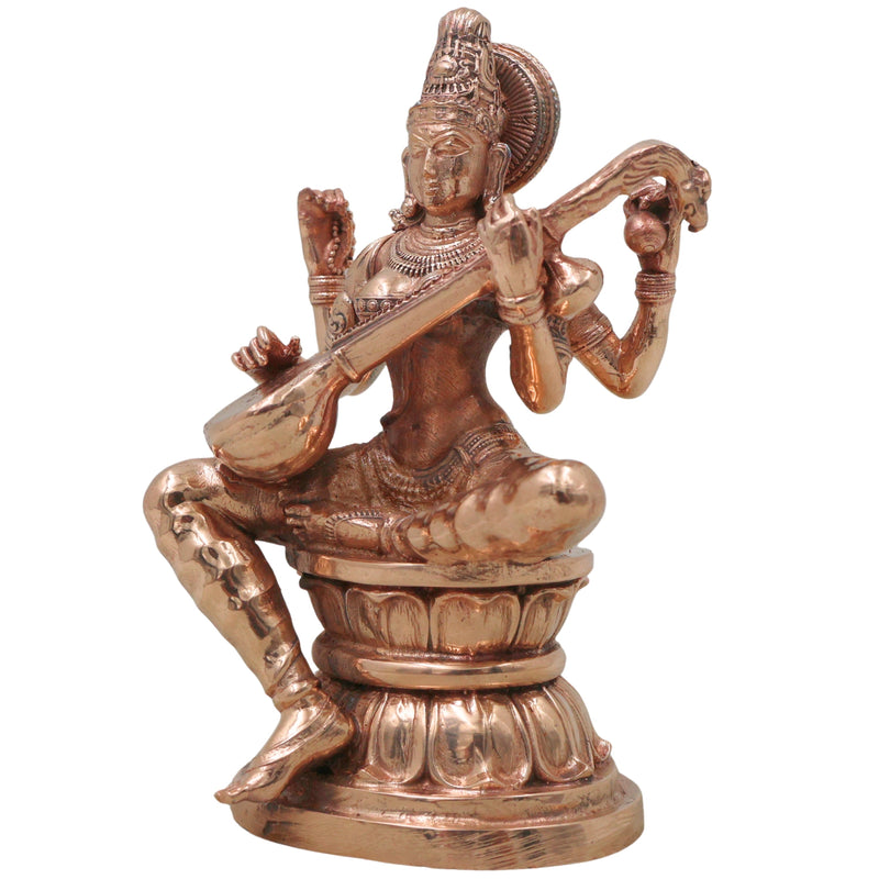 Bronze Saraswati Idol, Sharada Vani Mahasaraswati Murti for Pooja, Home Decor & Gifting, Gold, 4.5 Inch, 1 Piece