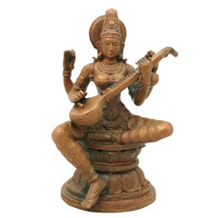 Bronze Saraswati Idol Sharada Vani Kalaimagal Panchaloha Style Murti, Handcrafted Kansya Vagdevi Bharati Statue for Home Temple, Brown, 4.5 Inch, 1 Piece