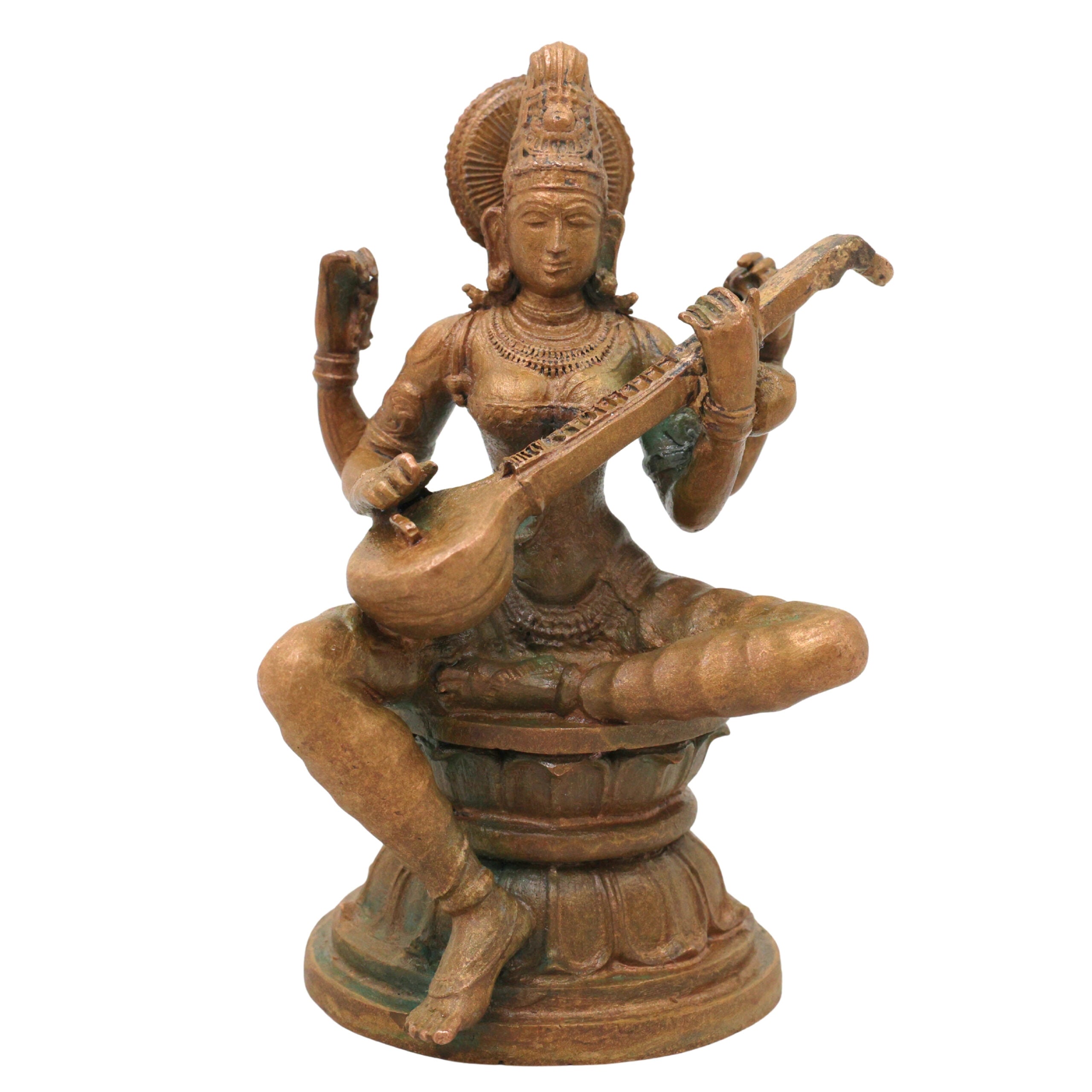 Bronze Saraswati Idol Sharada Vani Kalaimagal Panchaloha Style Murti, Handcrafted Kansya Vagdevi Bharati Statue for Home Temple, Brown, 4.5 Inch, 1 Piece