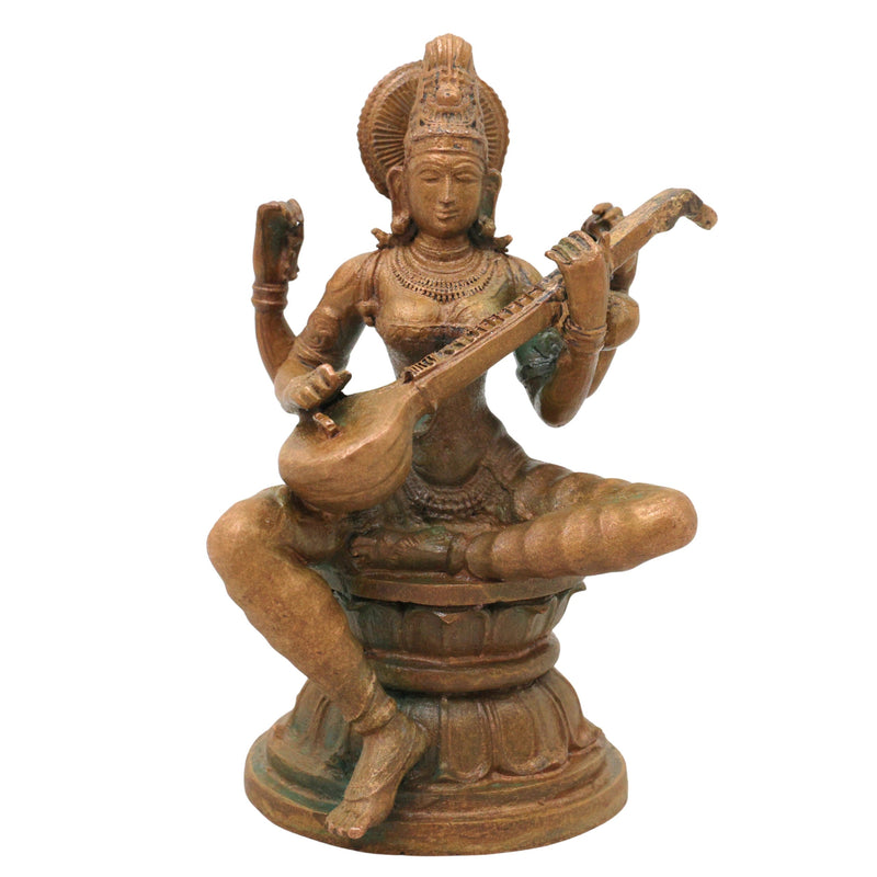 Bronze Saraswati Idol Sharada Vani Kalaimagal Panchaloha Style Murti, Handcrafted Kansya Vagdevi Bharati Statue for Home Temple, Brown, 4.5 Inch, 1 Piece