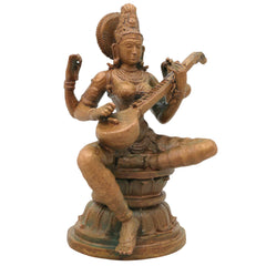 Bronze Saraswati Idol Sharada Vani Kalaimagal Panchaloha Style Murti, Handcrafted Kansya Vagdevi Bharati Statue for Home Temple, Brown, 4.5 Inch, 1 Piece