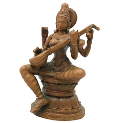 Bronze Saraswati Idol Sharada Vani Kalaimagal Panchaloha Style Murti, Handcrafted Kansya Vagdevi Bharati Statue for Home Temple, Brown, 4.5 Inch, 1 Piece