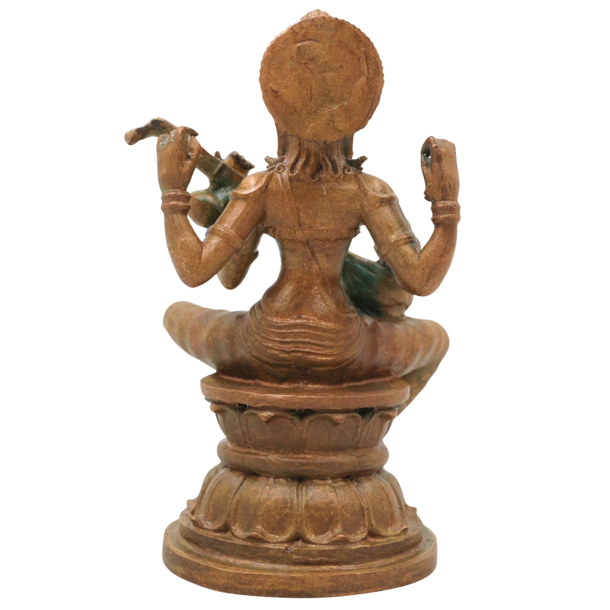 Bronze Saraswati Idol Sharada Vani Kalaimagal Panchaloha Style Murti, Handcrafted Kansya Vagdevi Bharati Statue for Home Temple, Brown, 4.5 Inch, 1 Piece