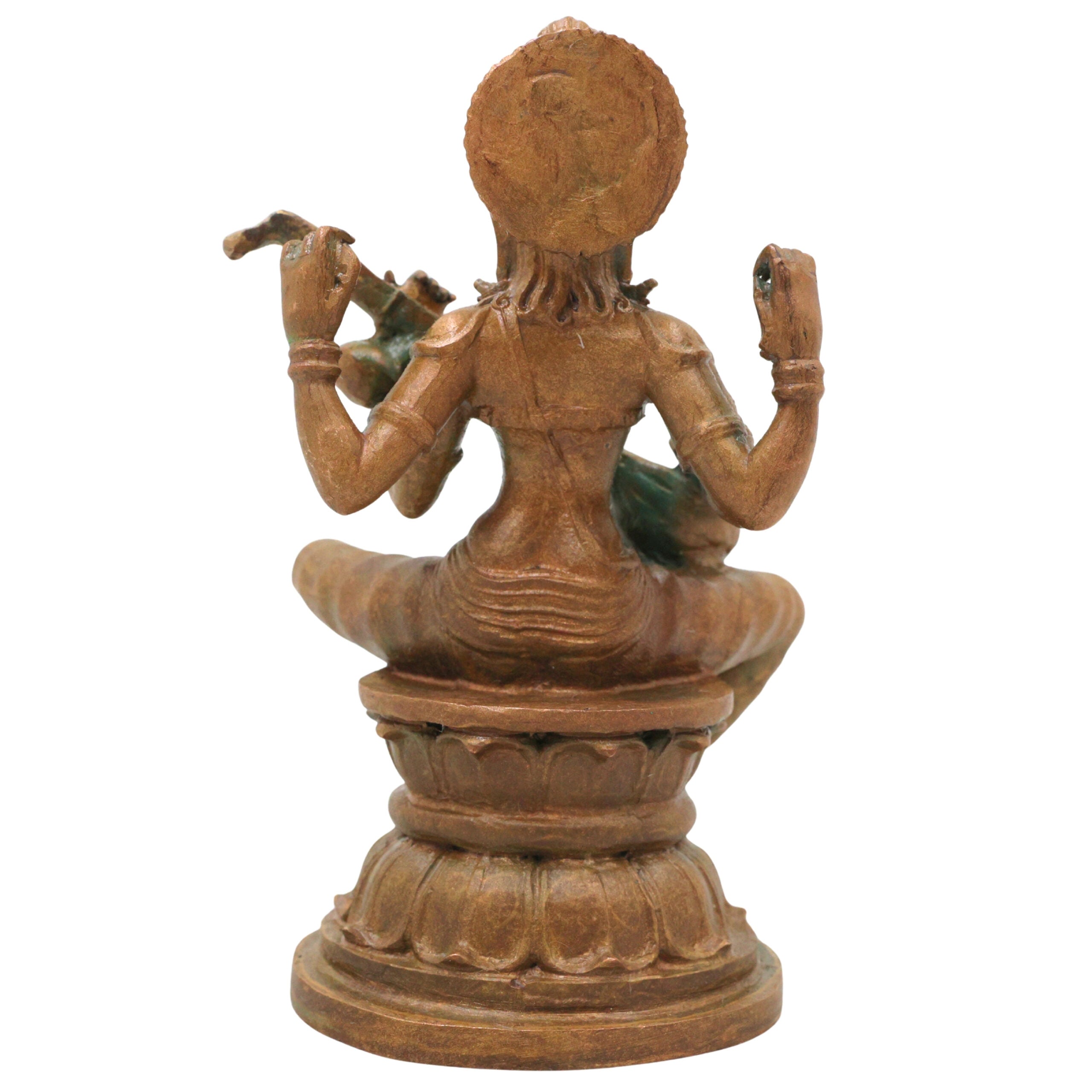 Bronze Saraswati Idol Sharada Vani Kalaimagal Panchaloha Style Murti, Handcrafted Kansya Vagdevi Bharati Statue for Home Temple, Brown, 4.5 Inch, 1 Piece