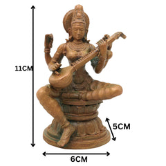 Bronze Saraswati Idol Sharada Vani Kalaimagal Panchaloha Style Murti, Handcrafted Kansya Vagdevi Bharati Statue for Home Temple, Brown, 4.5 Inch, 1 Piece
