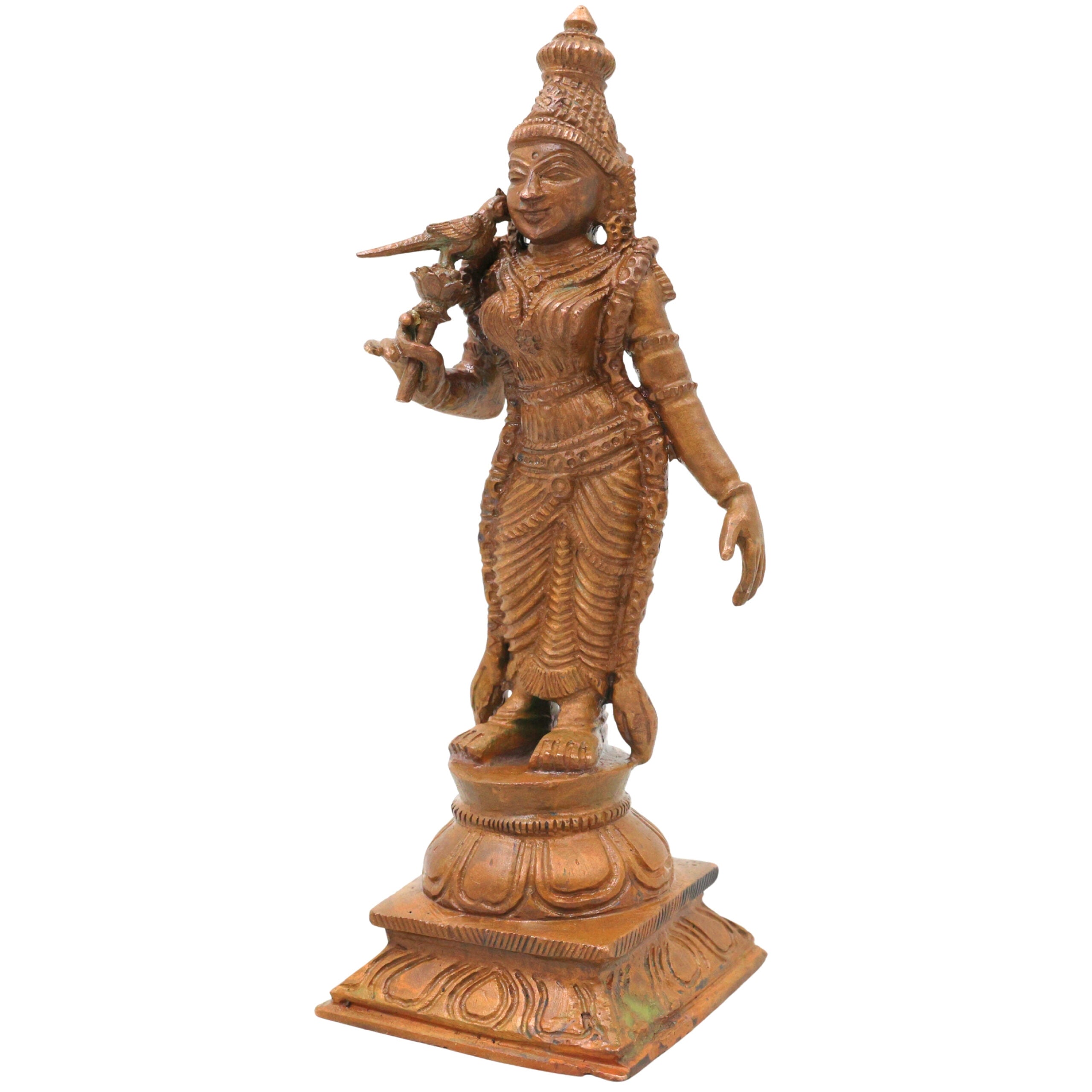 Bronze Meenakshi Amman Idol, Madurai Meenakshi Ambal Devi Murti, South Indian Chola Style Kamsya Panchaloha Vigraha for Home Temple Pooja, Brown, 6 Inch, 1 Piece
