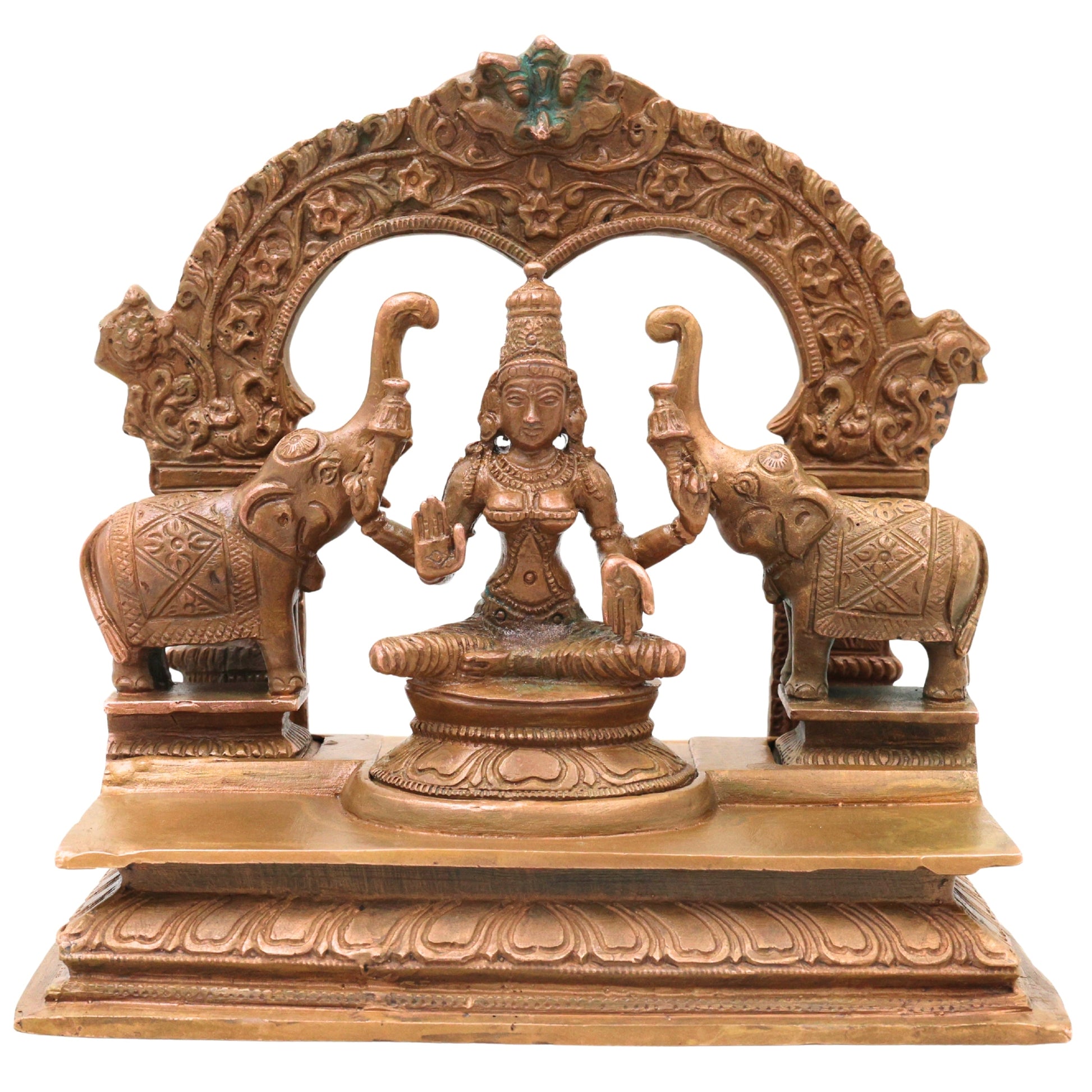 Bronze Gaja Lakshmi Idol Sri Gajalakshmi Mahalakshmi Devi Elephant Lakshmi Murti Traditional Chola Art Statue for Puja Mandir Decor, Brown, 6.5 Inch, 1 Piece