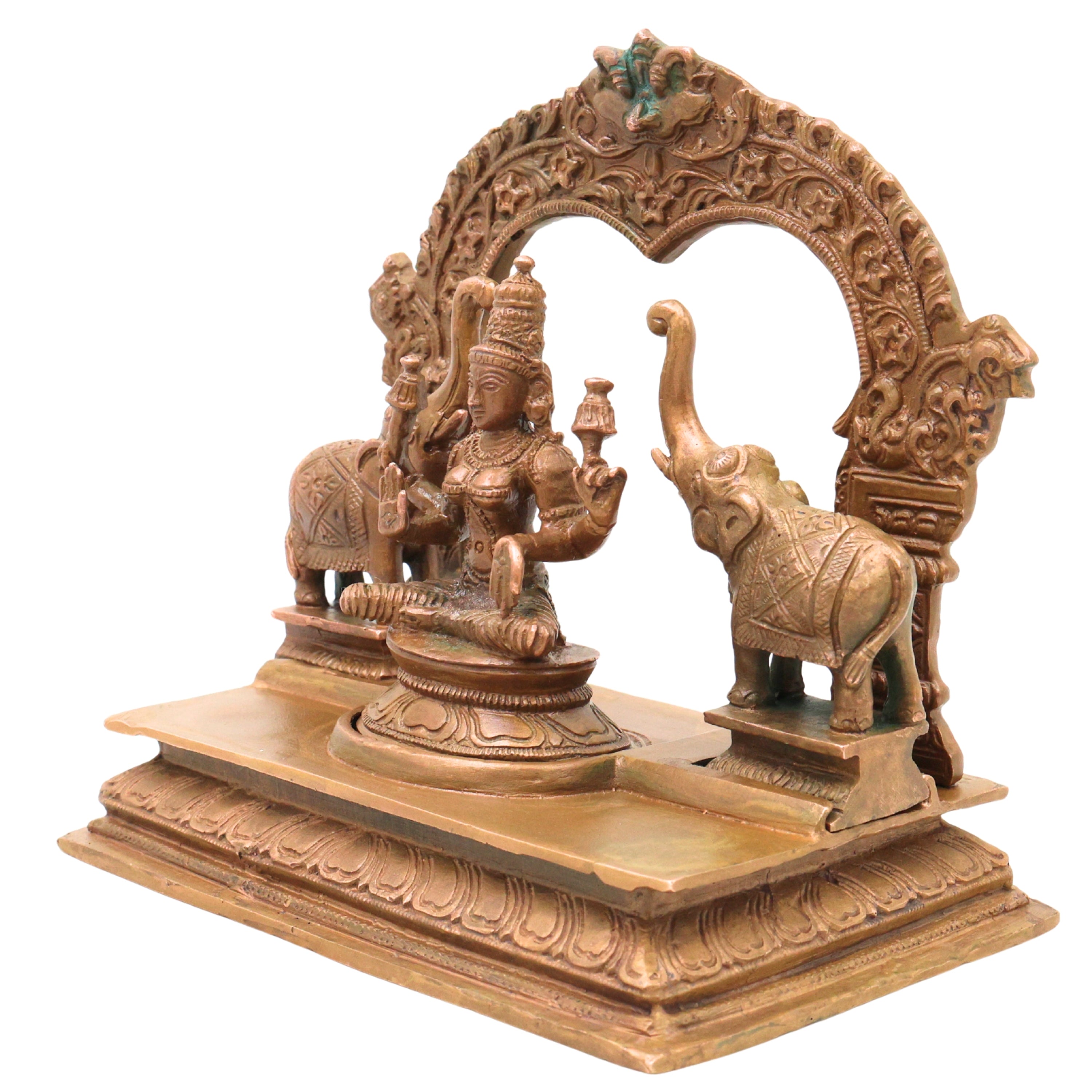 Bronze Gaja Lakshmi Idol Sri Gajalakshmi Mahalakshmi Devi Elephant Lakshmi Murti Traditional Chola Art Statue for Puja Mandir Decor, Brown, 6.5 Inch, 1 Piece