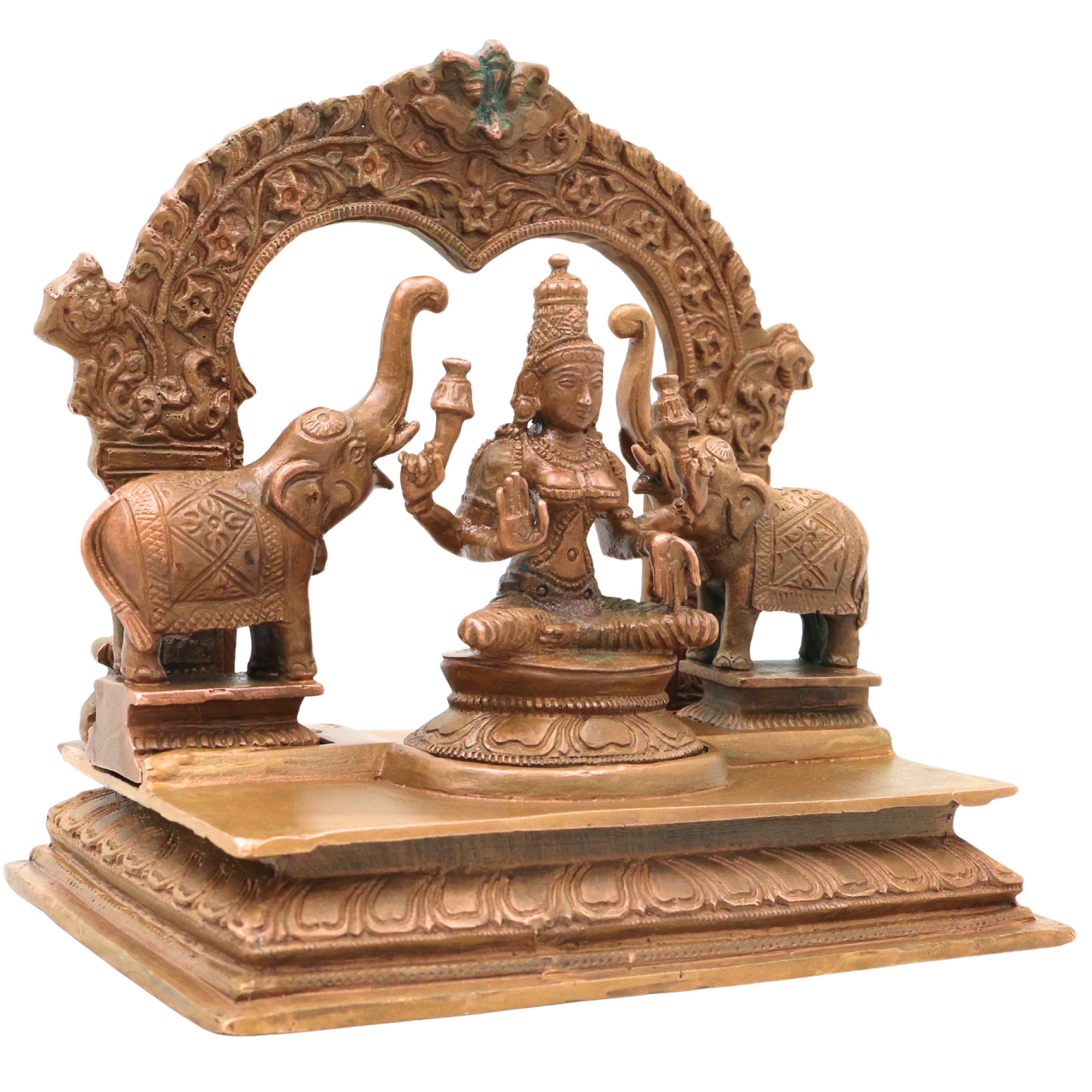Bronze Gaja Lakshmi Idol Sri Gajalakshmi Mahalakshmi Devi Elephant Lakshmi Murti Traditional Chola Art Statue for Puja Mandir Decor, Brown, 6.5 Inch, 1 Piece