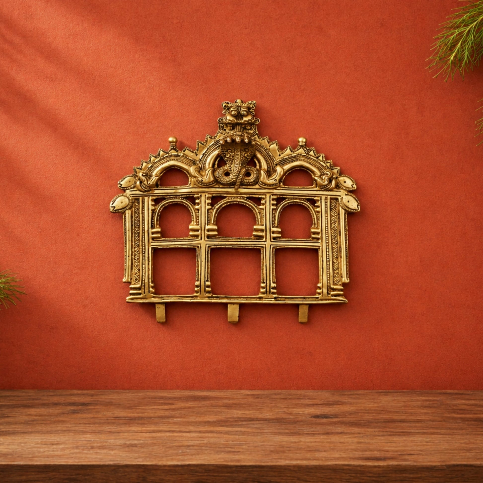 Brass Prabhavali Makara Torana Arch (Prabha Valli / Prabhamandala) Peetal Pital Pittalai Temple Idol Back Aureole Frame for Murti Vigraha Pooja Mandir Decor, Gold, 10.5 Inch, 1 Piece
