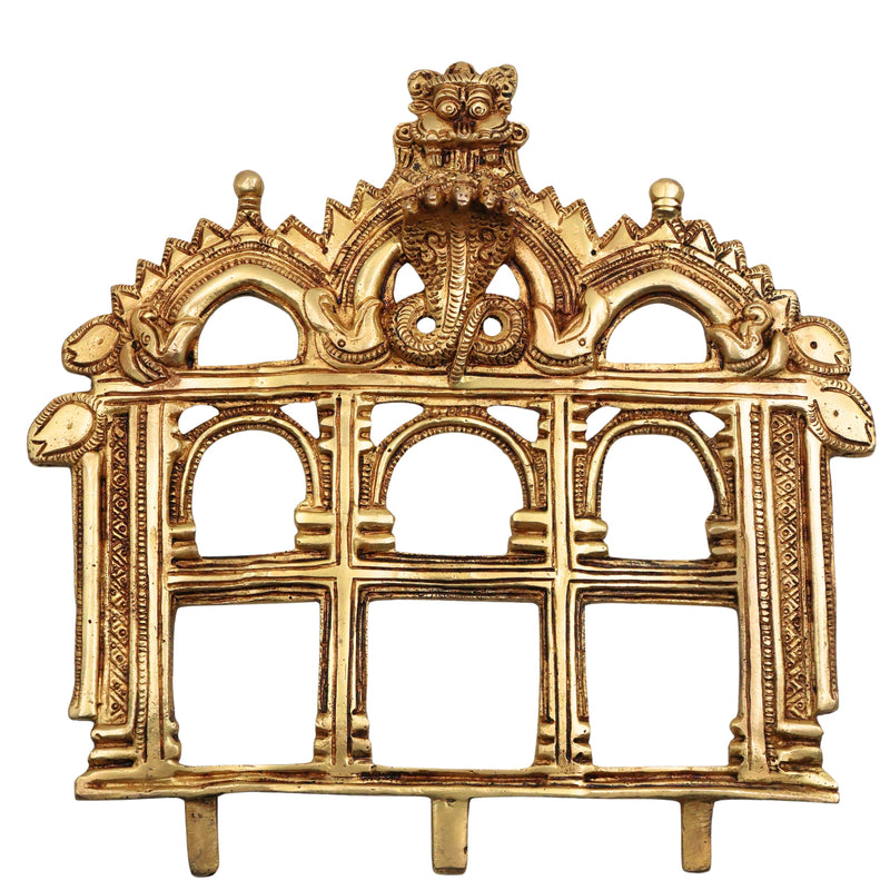 Brass Prabhavali Makara Torana Arch (Prabha Valli / Prabhamandala) Peetal Pital Pittalai Temple Idol Back Aureole Frame for Murti Vigraha Pooja Mandir Decor, Gold, 10.5 Inch, 1 Piece